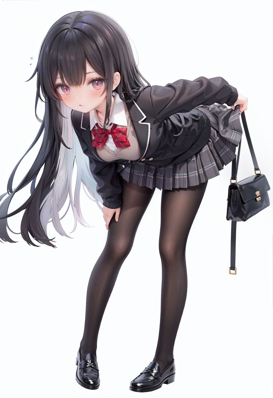  1girl, solo, pantyhose, skirt, long hair, loafers, shoes, simple background, school uniform, brown eyes, plaid, black pantyhose, plaid skirt, looking at viewer, black hair, pantyhose pull, full body, clothes pull, black footwear, pleated skirt, leaning forward, bangs, long sleeves, bent over, cardigan, bow, bowtie, standing, closed mouth, pulled by self, grey background, blush, miniskirt, red bow, sweater, **********