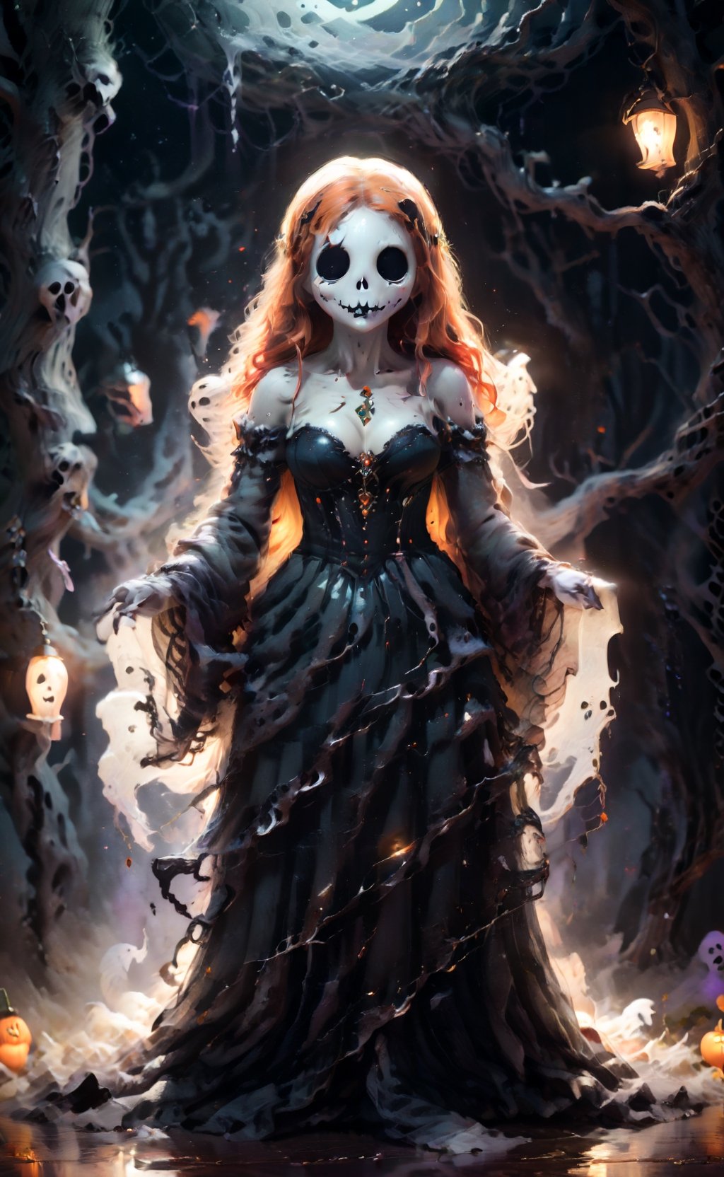 1girl, lavish outfit with elaborate decorations, textured spandex emboss stretch fabric, rhinestone appliques, lace patches, walk on misty landscape, dark night, silhouettes of dead trees,dim lights, helloween themed, pumkins everywhere, hyperdetailed artwork, highres