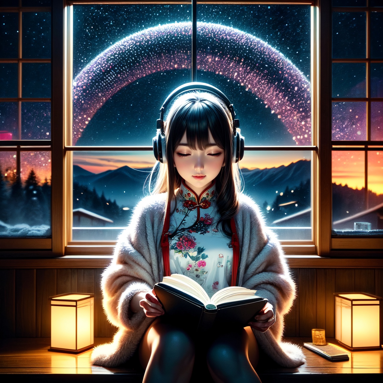 A cute LOFI music themed anime-style girl wearing a winter cheongsam,  leisurely reading a book by a window. She is wearin...