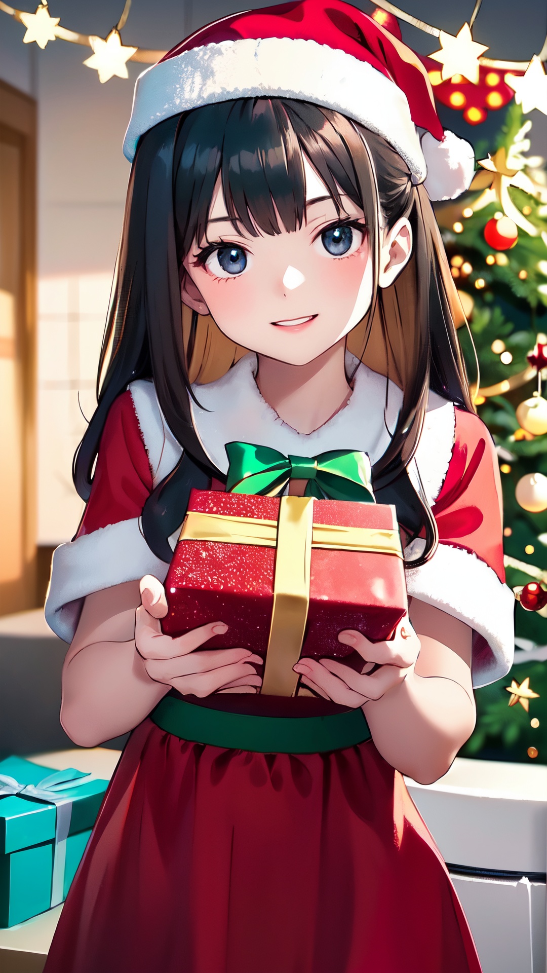 Embrace the festive spirit with this heartwarming prompt: "Illustrate a charming scene of a cute little girl adorned in a...