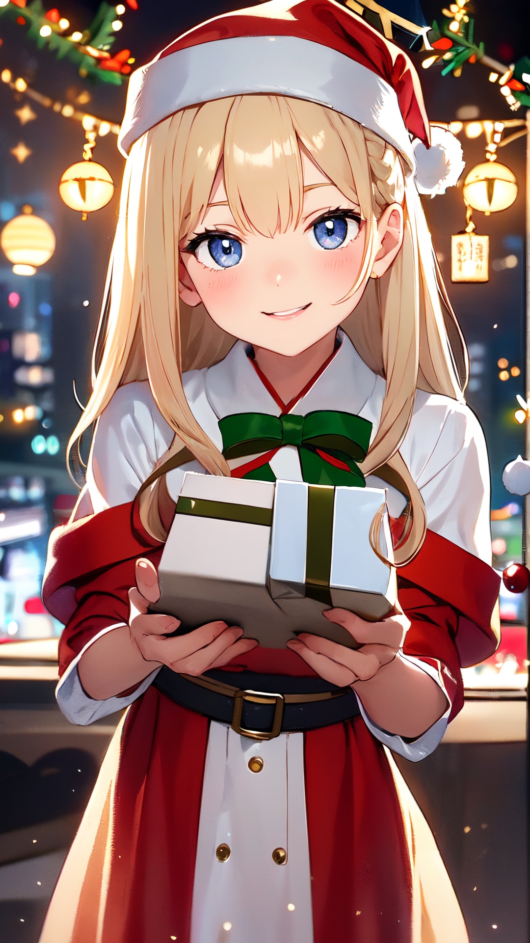 Embrace the festive spirit with this heartwarming prompt: "Illustrate a charming scene of a cute little girl adorned in a...