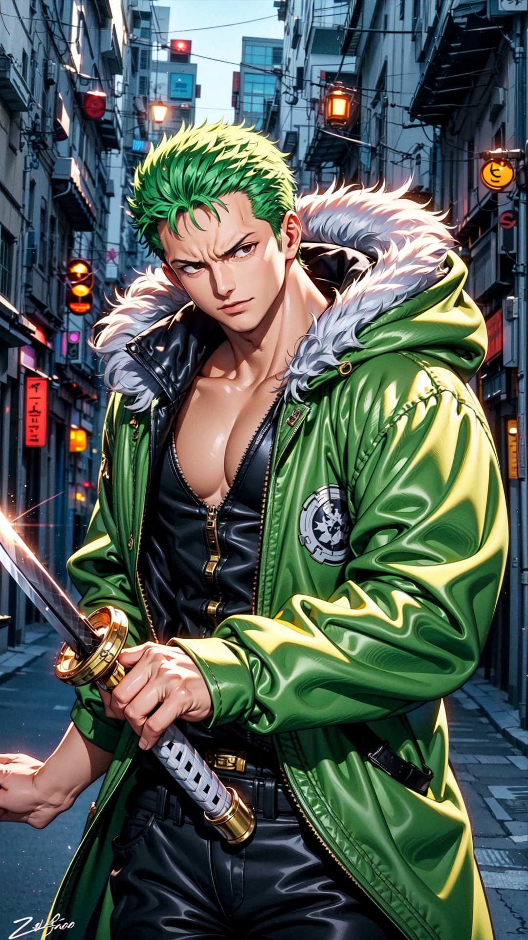 Roronoa Zoro,  the iconic character from the One Piece anime: "Generate a striking and highly detailed visual representati...