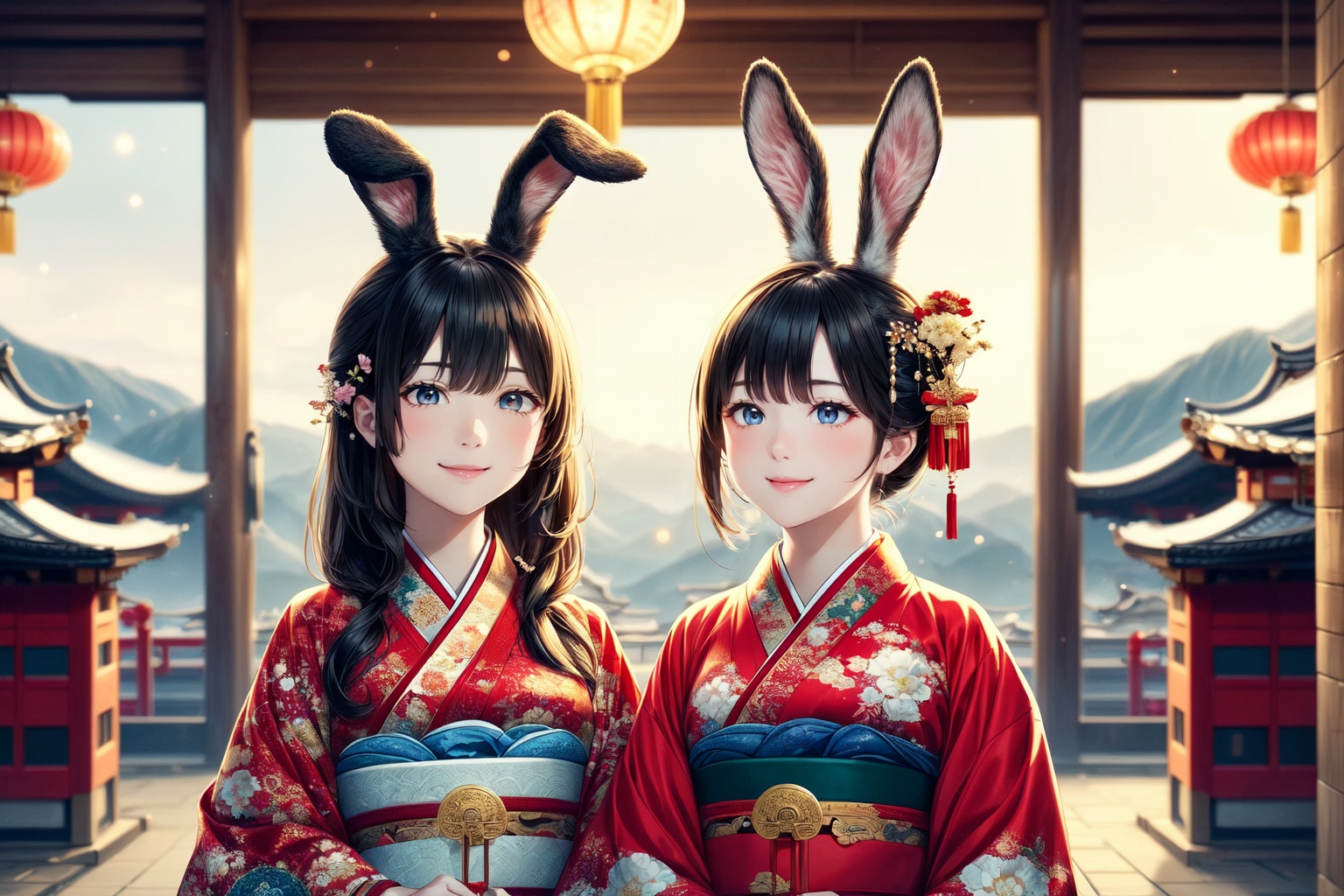 In a Japanese New Year's Eve night scene,  two anime-style girls,  one with rabbit ears and the other with dragon horns on...