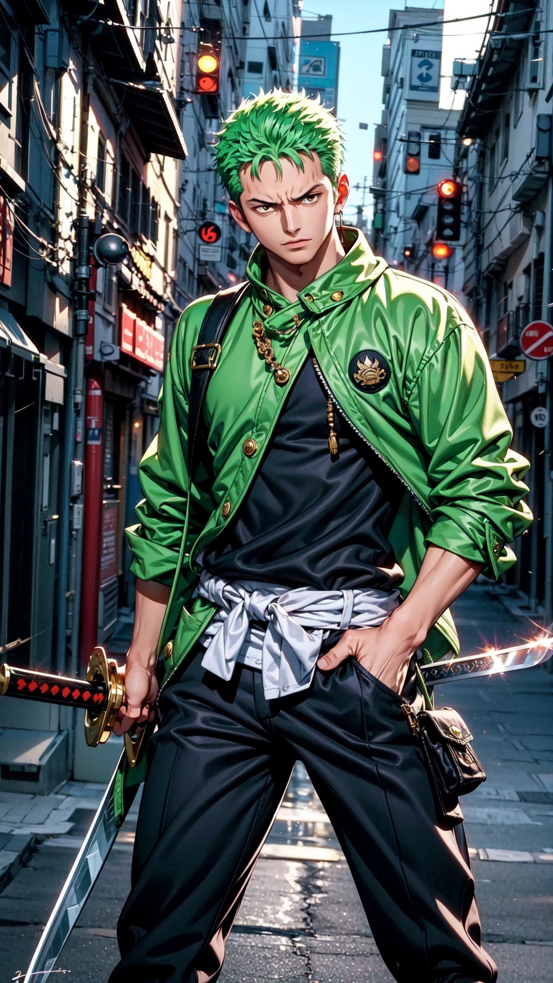 Roronoa Zoro,  the iconic character from the One Piece anime: "Generate a striking and highly detailed visual representati...