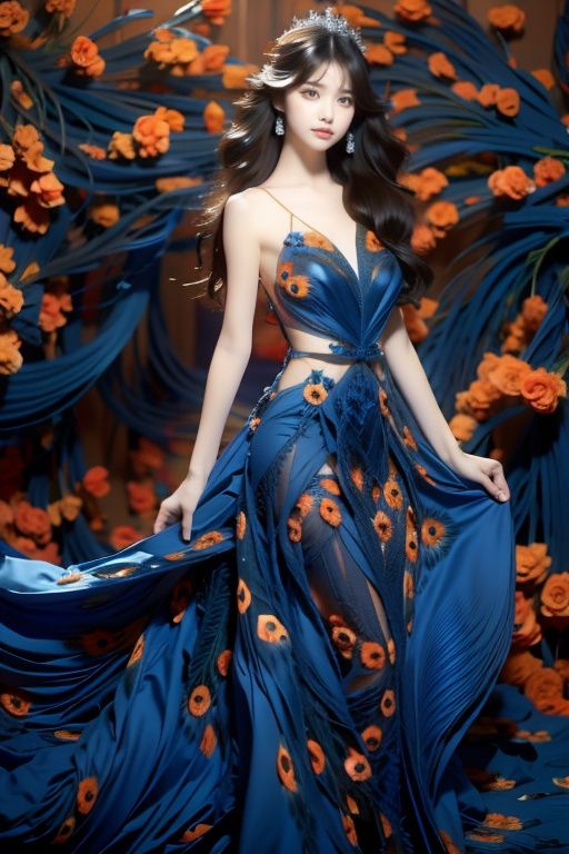  1girl,hair with bangs,black long dress,orange background,
