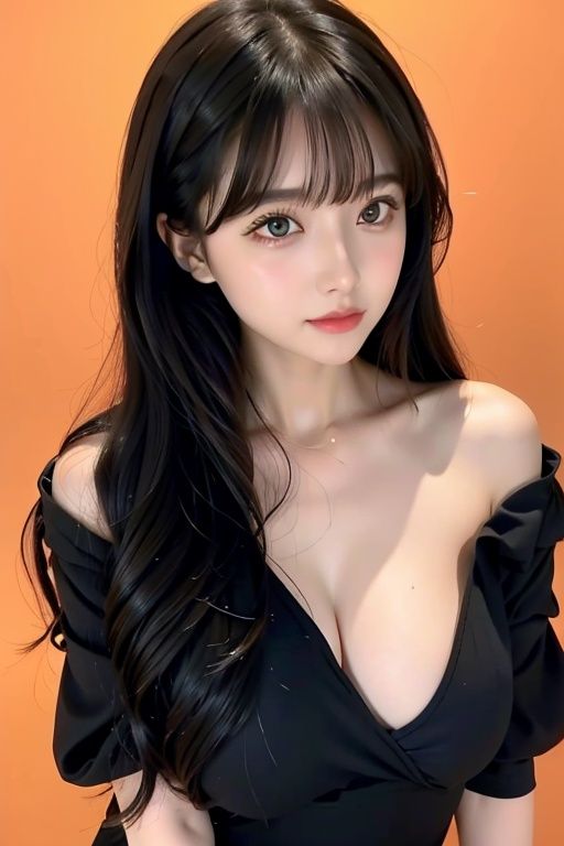 1girl,hair with bangs,black long dress,orange background,