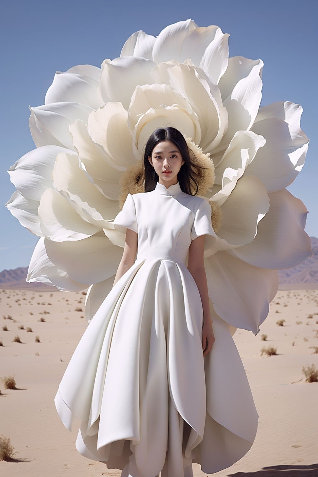 <lora:wlqc_20231012061315:0.85>1 girl, dress, single person, white dress, black hair, flowers, arms on both sides, looking at the audience, blue sky, standing, short sleeves, sky, day, outdoors, long hair floating up