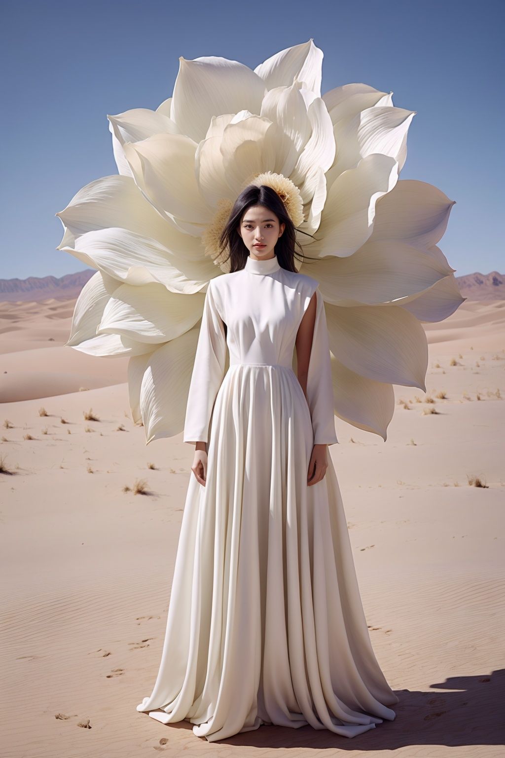 <lora:wlqc_20231012061315:0.8>Flower, 1 girl, solo, desert, sky, standing, black long hair, blue sky, sky, dress, separated sleeves, desert, shadow, long hair, white dress, looking at the audience, sand, (huge white flower)<lora:add_detail(1):0.4>