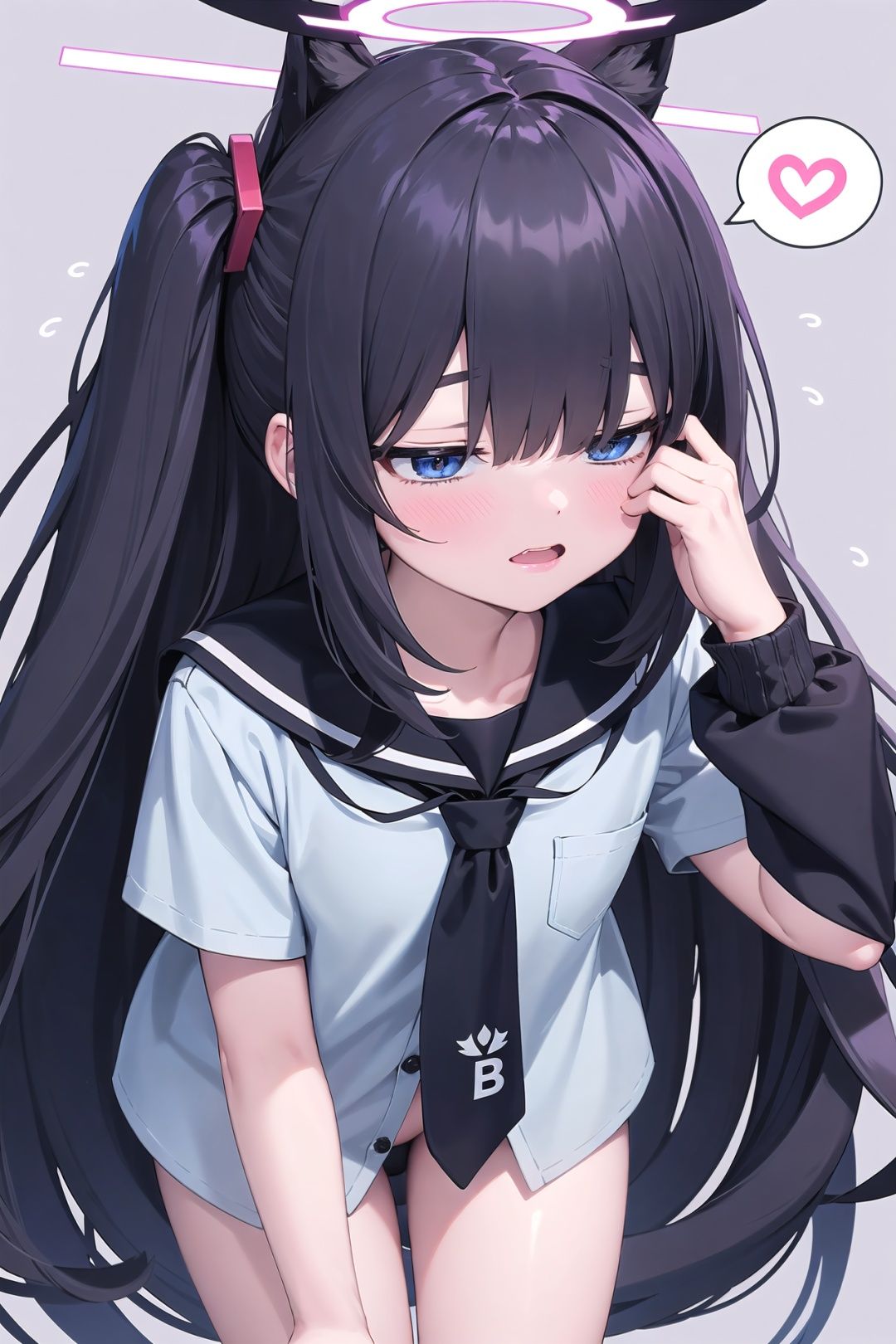 [ :(masterpieces,best quality),absurdres,HDR,ultra-detailed,highres :0.8], simple background,1girl,loli,solo,cropped legs,justice committee club member \(blue archive\),black serafuku,(naked shirt:1.1), (shirt tug:1.2),<lora:shirtTugPoseLORA_shirtTug:1.13:lbw=NoStyle> ,black hair, blunt bangs,hair over eyes, covered eyes,long hair, halo,embarrassed, full-face blush,[ :(masterpieces,best quality),absurdres,HDR,ultra-detailed,highres :0.8], <lora:Color_Icons:0.9> coloredic0n icon, flying sweatdrops,spoken blush, <lora:知名不具:0.7> <lora:smirkingeye_v100:1>