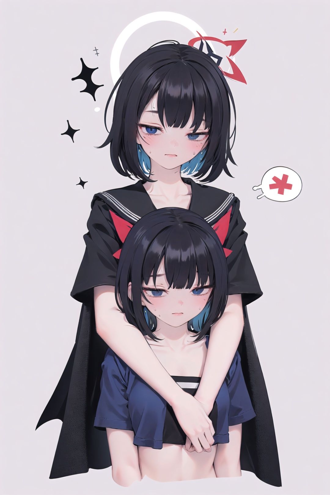 [ :(masterpieces,best quality),absurdres,HDR,ultra-detailed,highres :0.8], simple background,1girl,loli,solo,cropped legs,justice committee club member \(blue archive\),black serafuku,(naked shirt:1.1), (shirt tug:1.2),<lora:shirtTugPoseLORA_shirtTug:1.13:lbw=NoStyle> ,black hair, blunt bangs,hair over eyes, covered eyes,long hair, halo,embarrassed, full-face blush,[ :(masterpieces,best quality),absurdres,HDR,ultra-detailed,highres :0.8], <lora:Color_Icons:0.9> coloredic0n icon, flying sweatdrops,spoken blush<lora:smirkingeye_v100:1> <lora:知名不具:0.7>