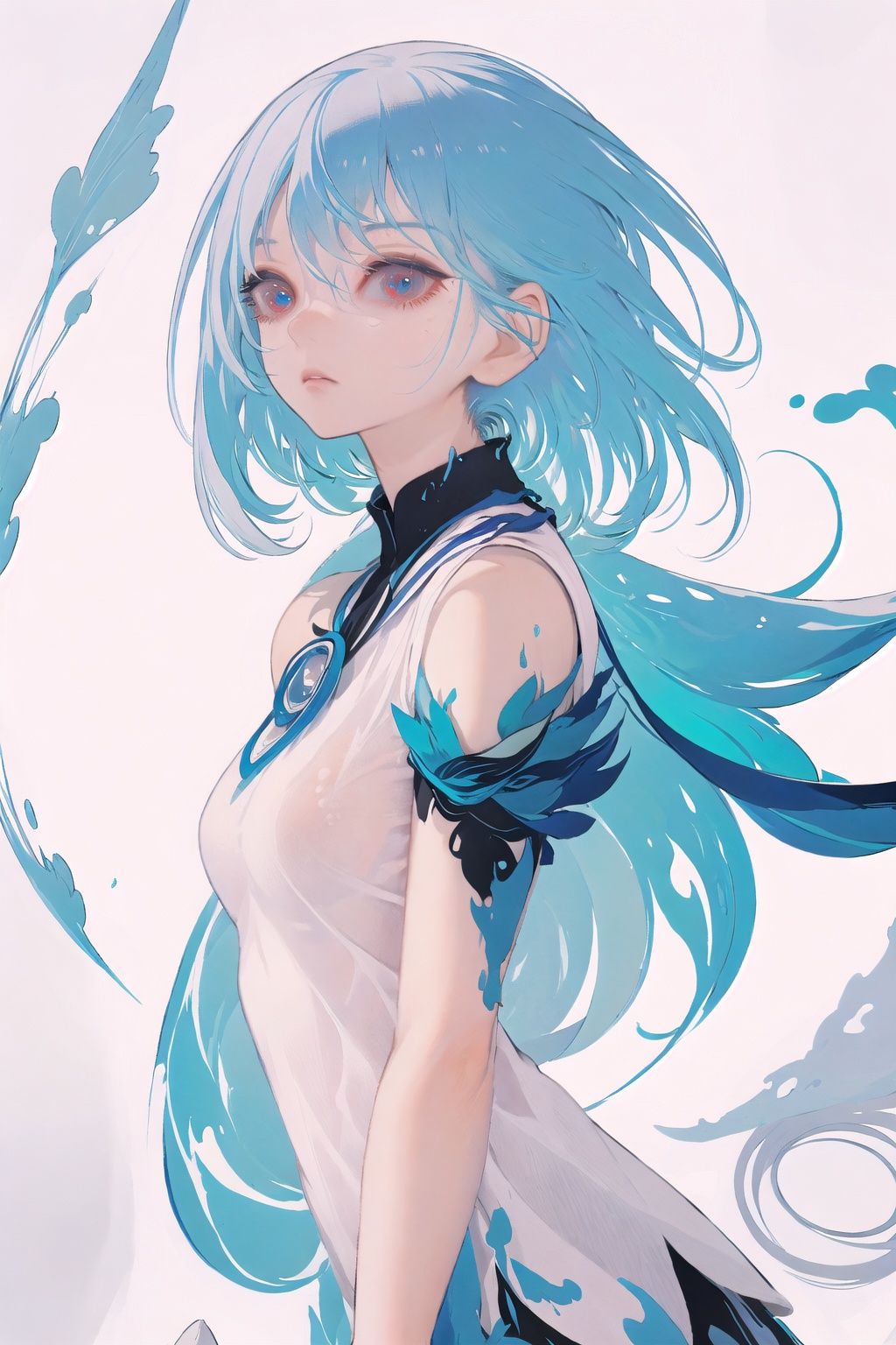 masterpiece, hyper detailed, best quality, extreme detailed, illustration, Delicate Composition,fussion of abstract and fluid art, (dynamic view:1.1), 1 girl, (head tilt:0.8),solo, iridescent hair, small breasts, (blouse:0.8), (double exposure:1.0), fluid hair, fussion of fluid and hair,simple background, light background,//, <lora:chongzhen-000155:1>
