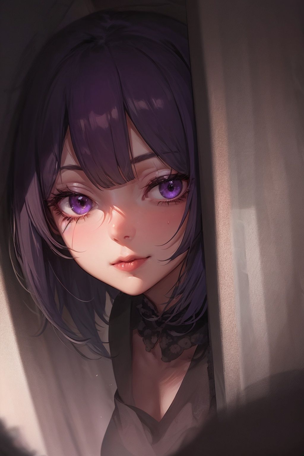  1girl,smirkshort hair,in the dark,deep shadow,rouge,purple eyes,Lick the corner of the mouth,close up,longexposure ,
in the style of ethereal portraiture,
selective focus,Bite hair