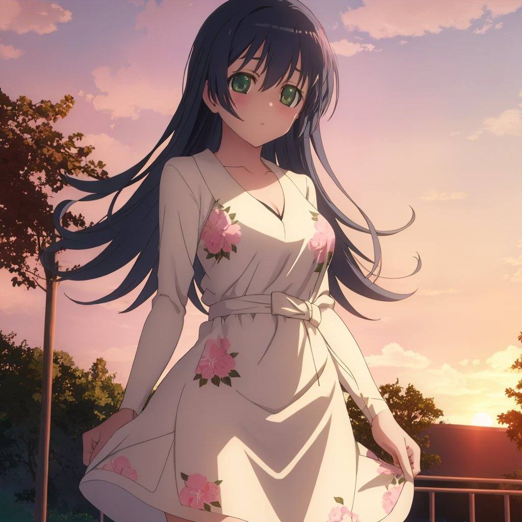 kaede_tenjouji,  green_eyes,  pink floral print dress on Tensor.Art