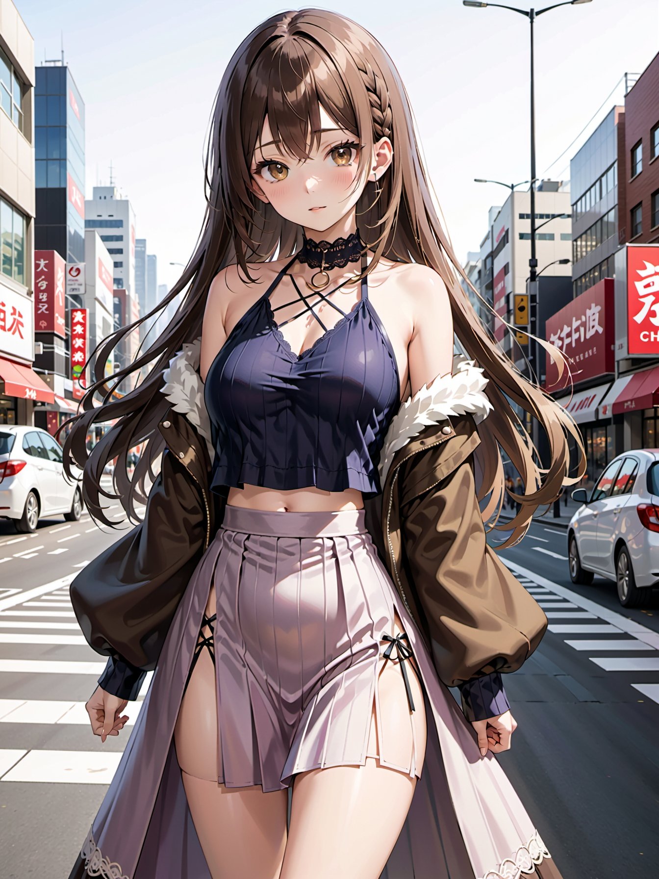 1girl,  fur coat,  japanese Akihabara city daytime on Tensor.Art