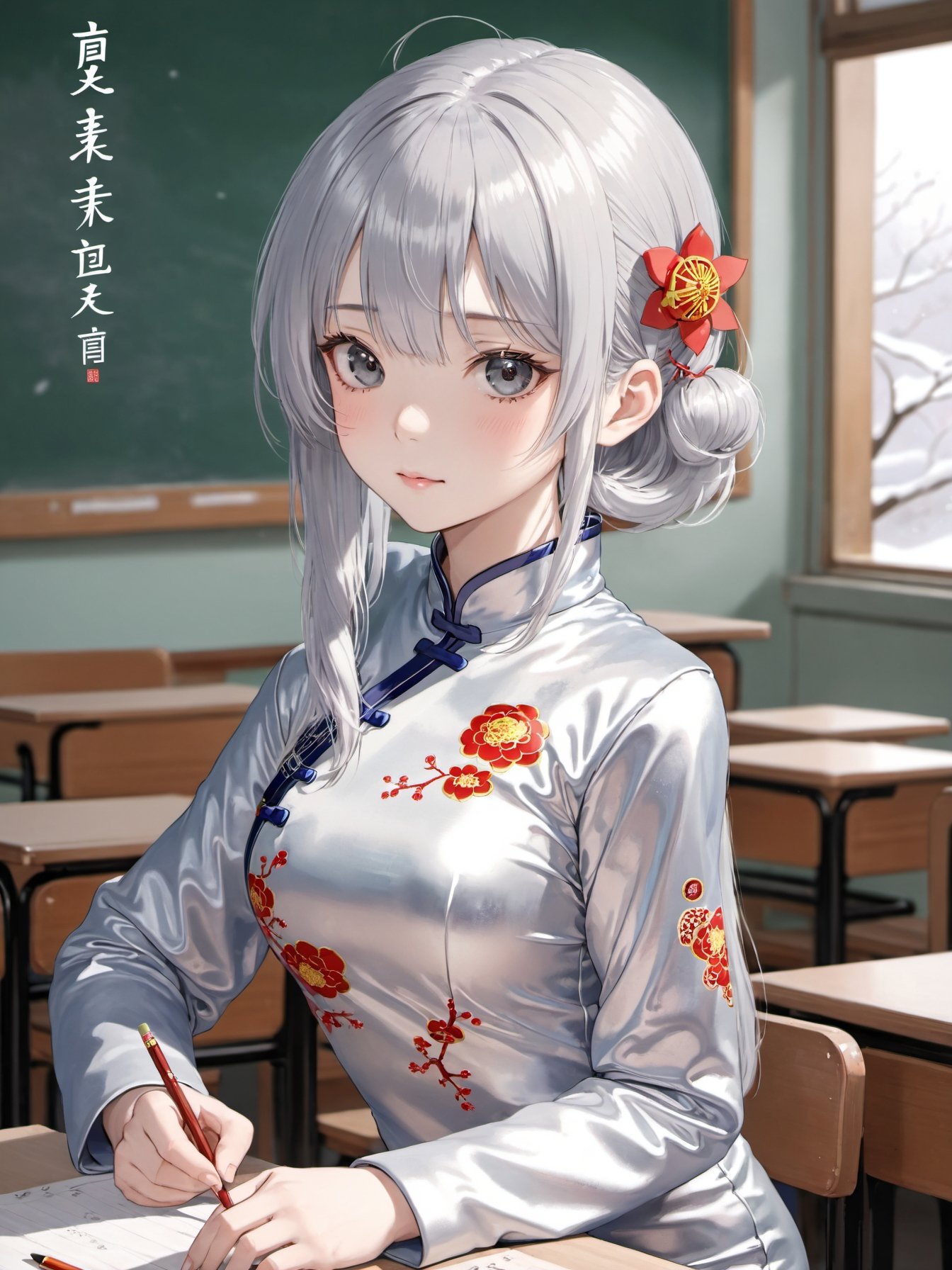 1girl,  silver hair,  cheongsam on Tensor.Art