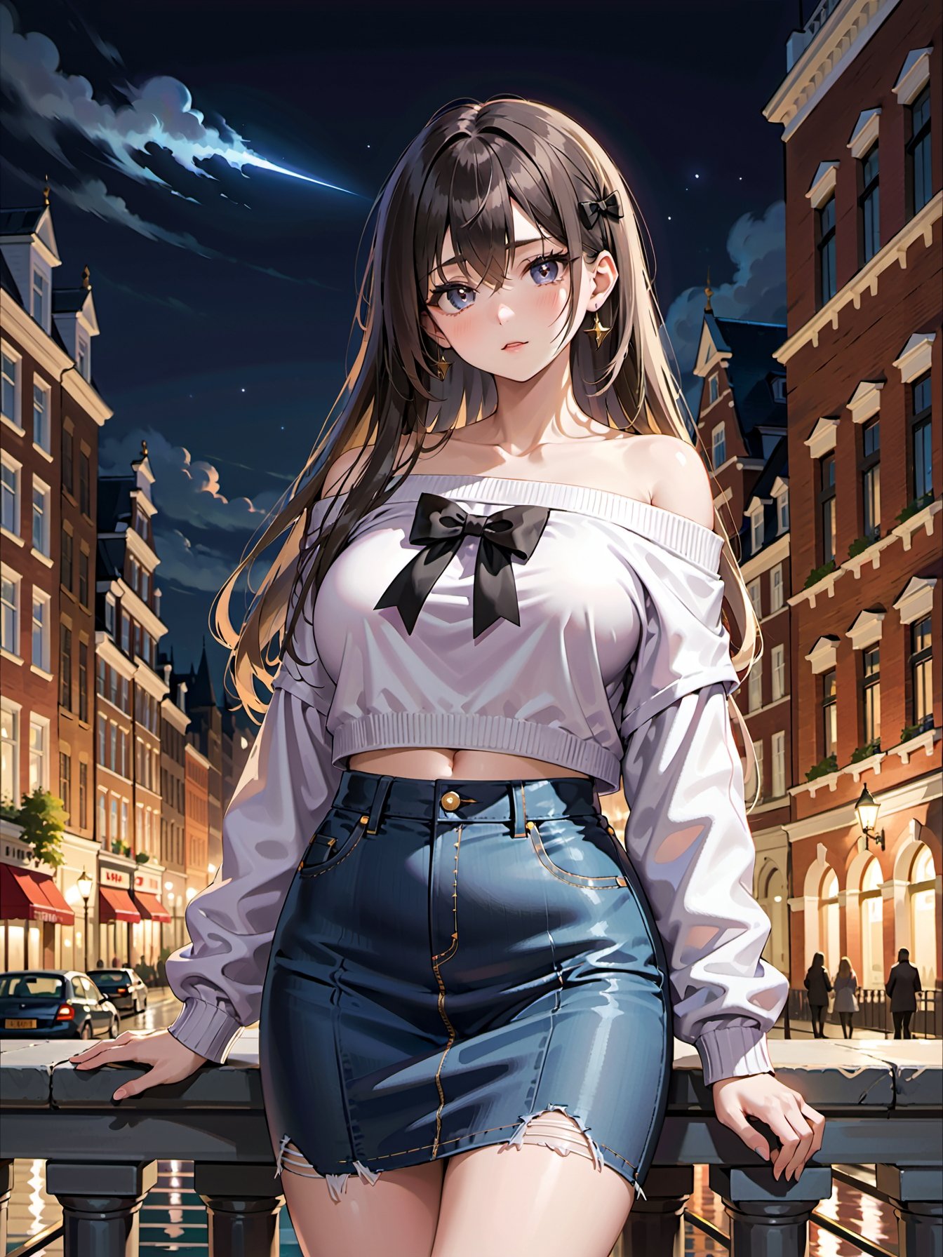 1girl,  off-shoulder sweater long skirt,  horror palaces nighttime on Tensor.Art