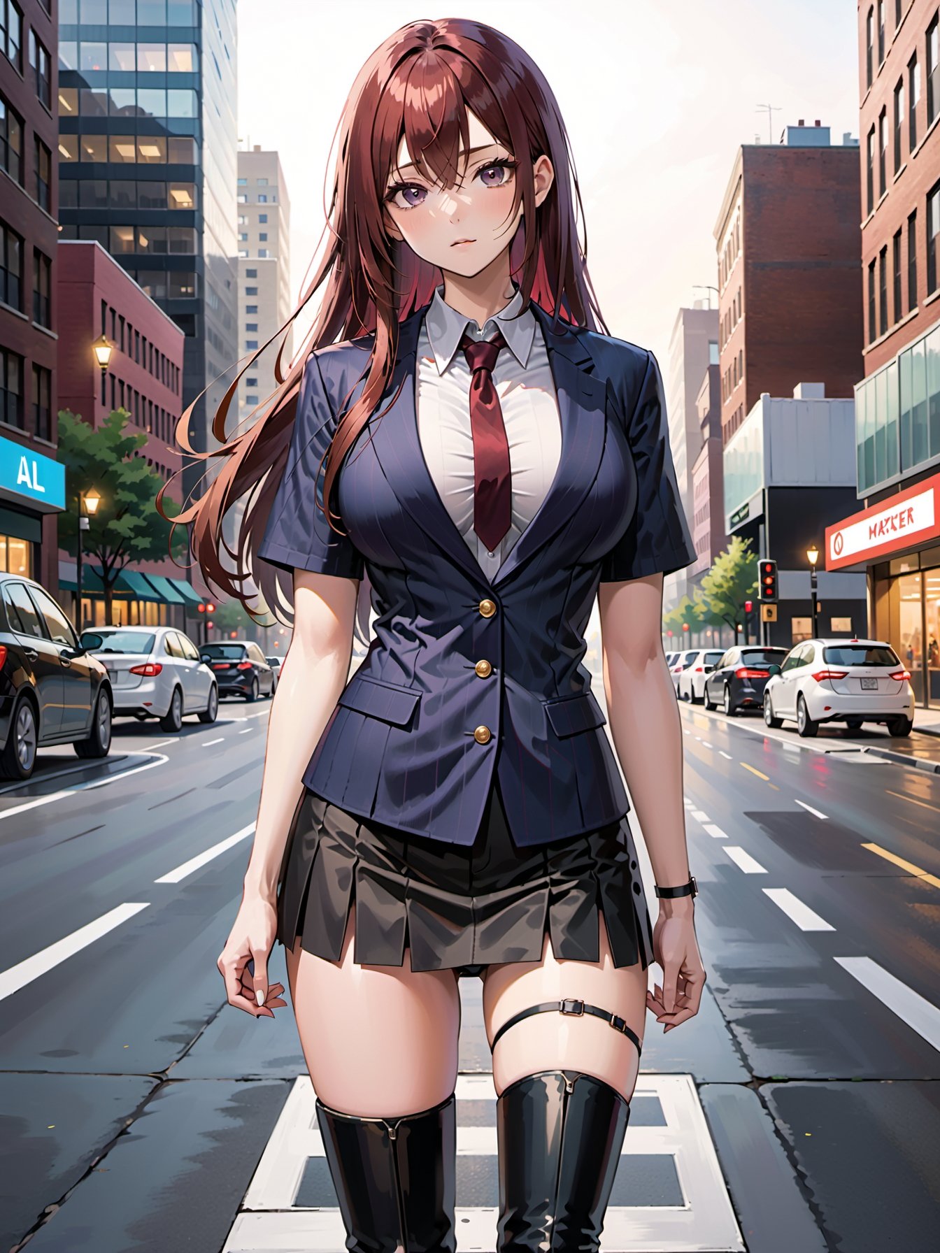 1girl,  blazer short-sleeved shirt,  dark street city evening on Tensor.Art