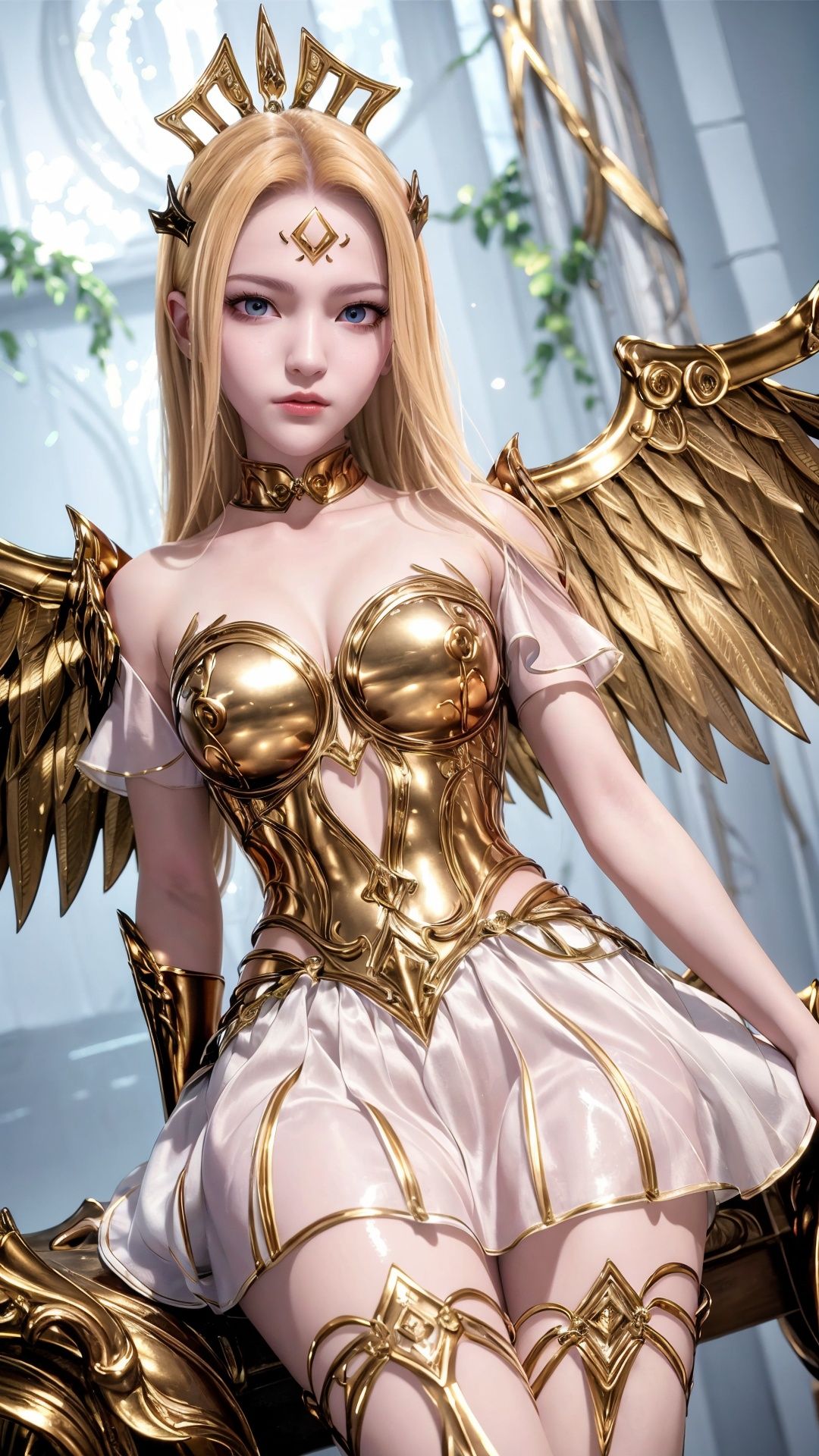 Best quality, Ultra High Definition, A girl, Floating Hair, (wings), Dress, sitting, solo, Looking at the viewer, White background, Glossy solid color, 