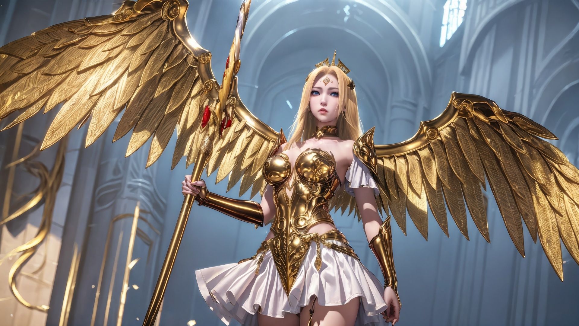 1girl,armor,solo,blonde hair,long hair,breasts,blue eyes,lips,medium breasts,cowboy shot,standing,crown,Giant wings,blue sky,Baiyun,Flying in the air,flight,