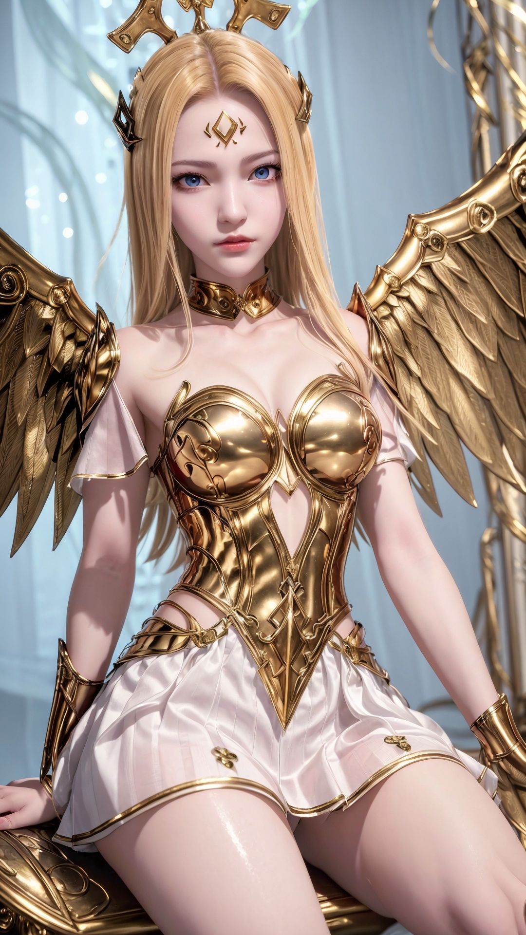 Best quality, Ultra High Definition, A girl, Floating Hair, (wings), Dress, sitting, solo, Looking at the viewer, White background, Glossy solid color, 