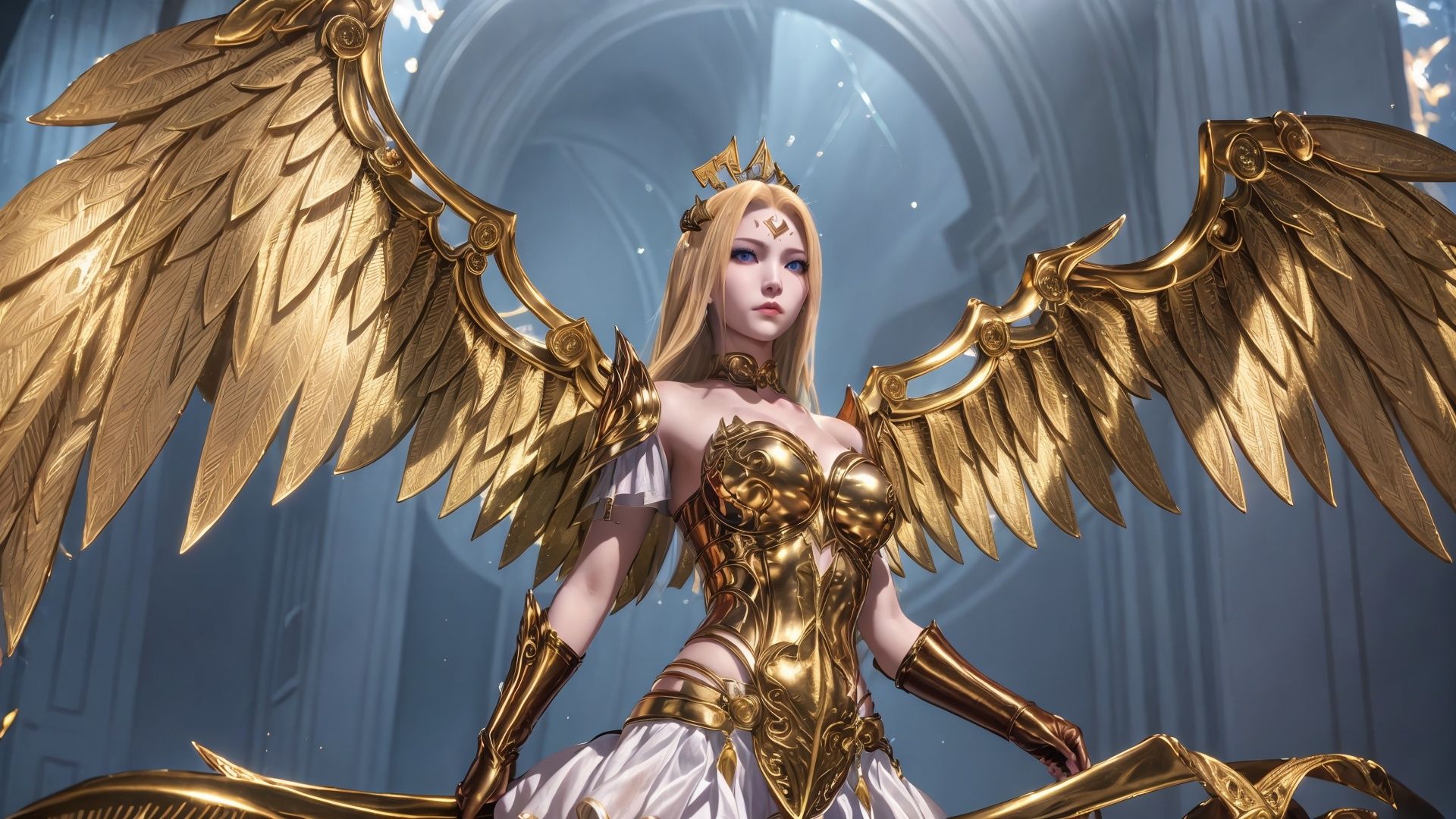 1girl,armor,solo,blonde hair,long hair,breasts,blue eyes,lips,medium breasts,cowboy shot,standing,crown,Giant wings,blue sky,Baiyun,Flying in the air,flight,
