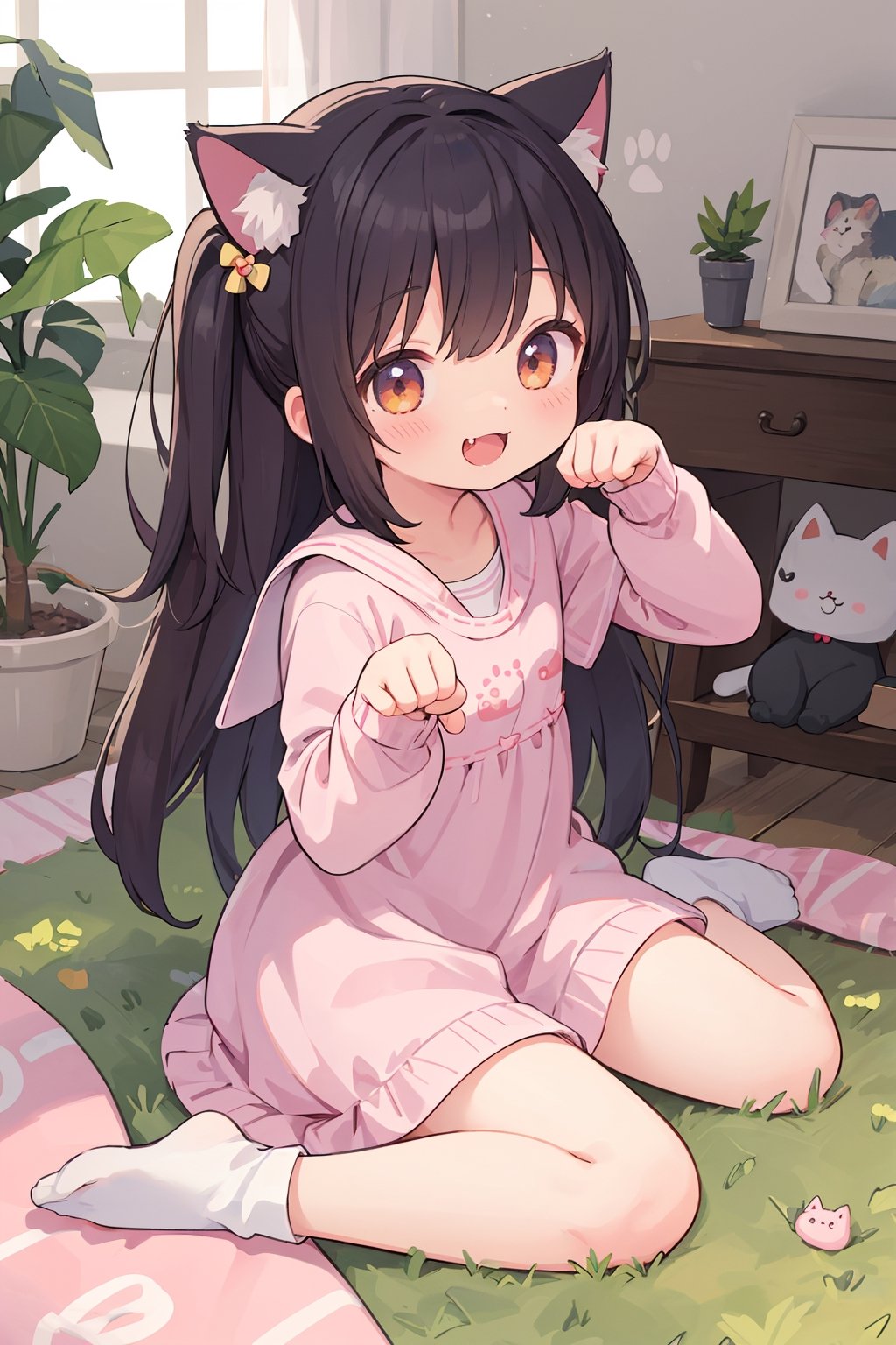 absurdres ,high res, ultimate detailed, high-resolution in elaborateness, sitting front on floor, 
(1 very cute loli girl:1.3), solo, cat ears, (paw pose), smile, fang,