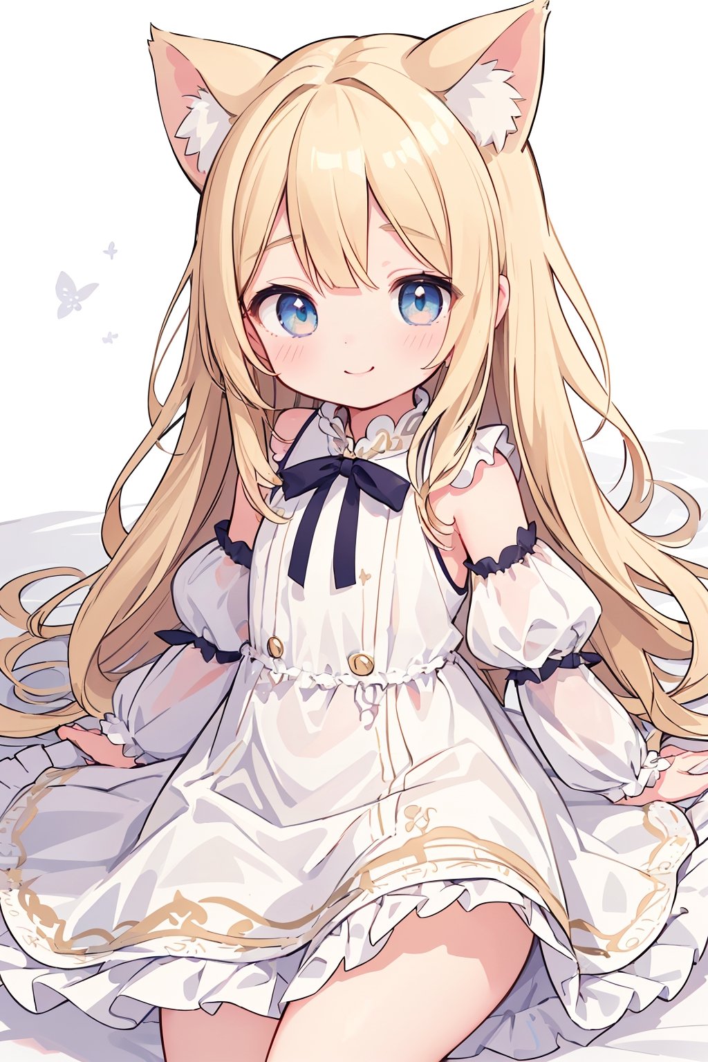 absurdres ,high res, perfect anatomy, ultimate detailed, high-resolution in elaborateness, (an extremely delicate and beautiful:1.2), realistic texture, (1 very cute Loli girl:1.3), solo,
blonde cat ears, blonde hair, (long side hair), long hair, disheveled hair, (detailed eyes:1.3), open eyes slightly, 
fluffy cute dress, smile,