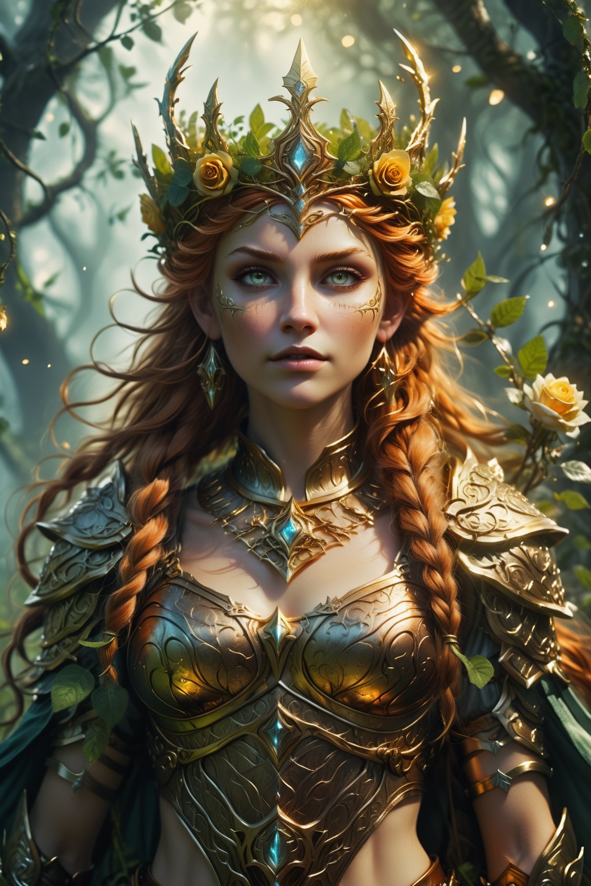 ultra detailed druid goddess with a crown made out of pure light,  kind-hearted with a penetrating gaze,  golden glow on T...