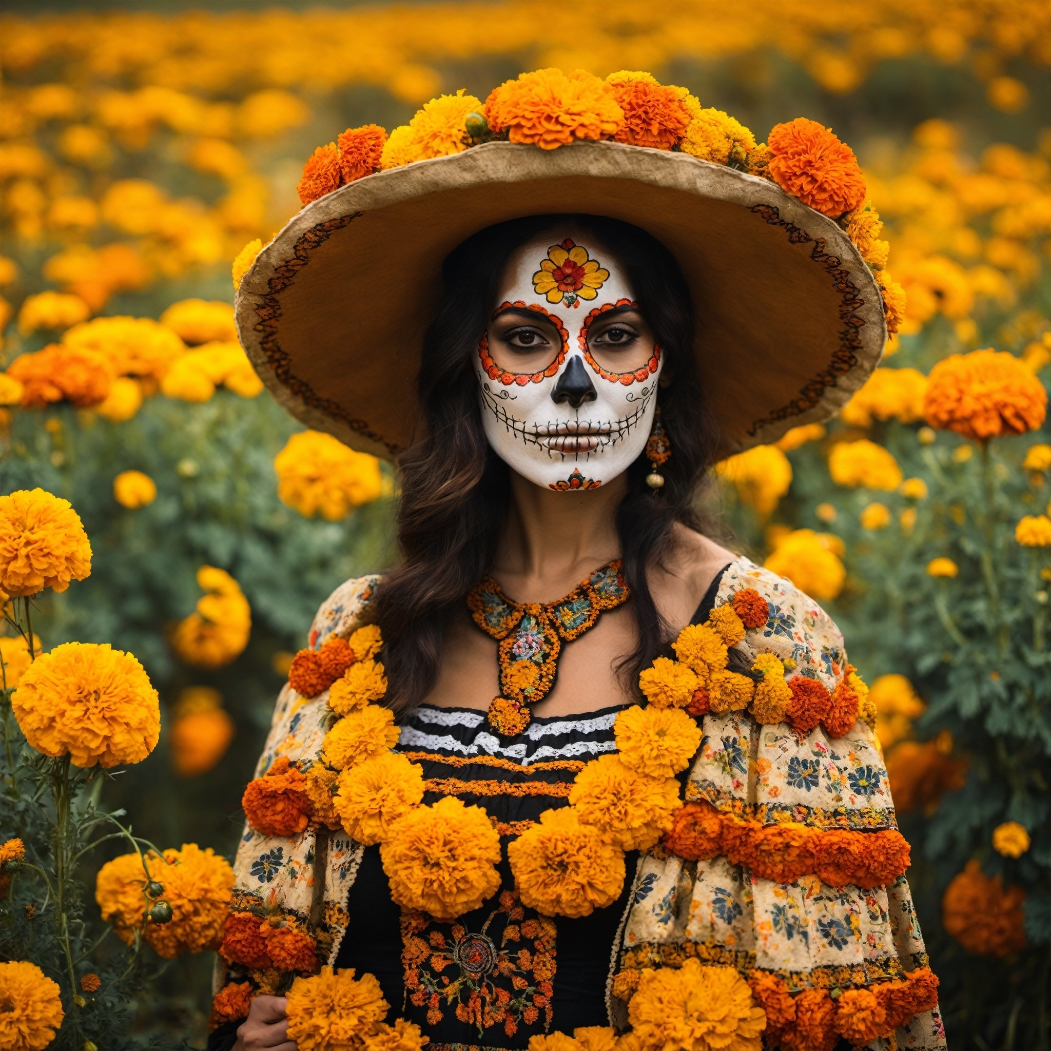 catrina in a marigolds field ( Cempasúchitl ),  day of death,  in autumn season on Tensor.Art