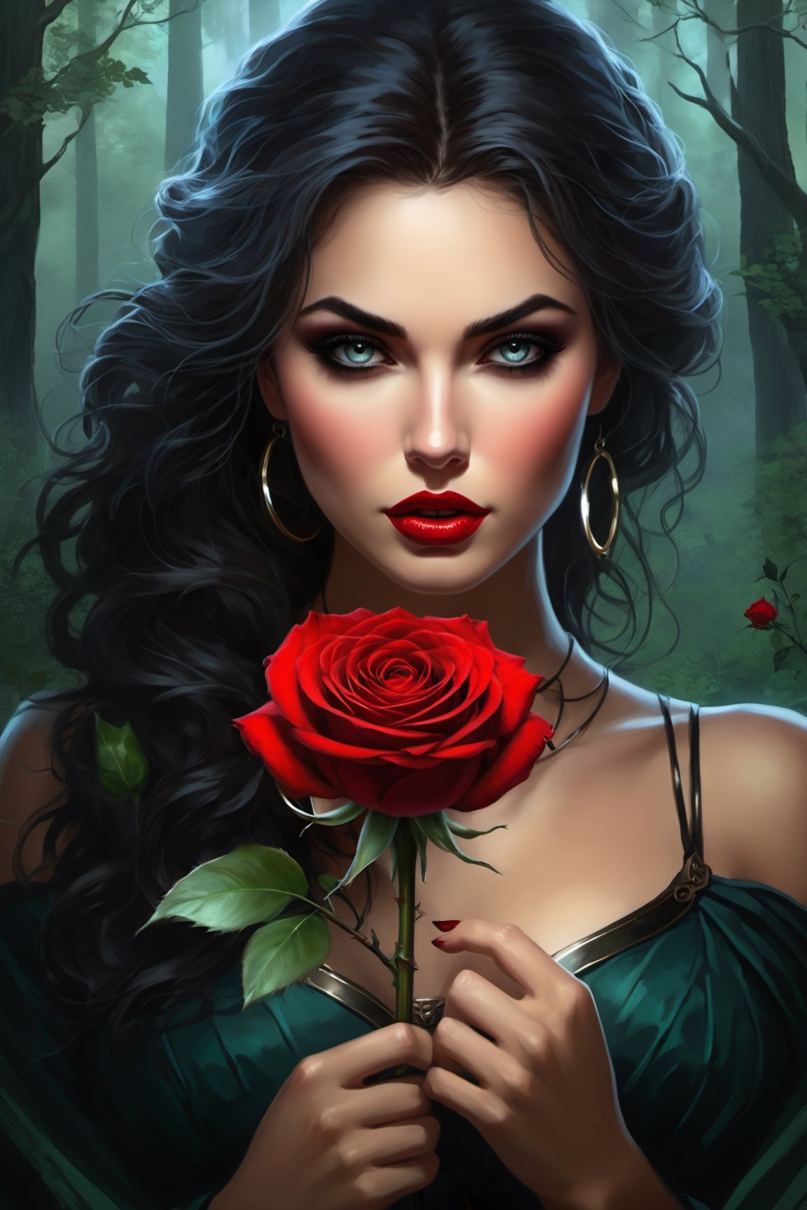 A woman stands in front of a dense,  ominous forest,  her dark on Tensor.Art