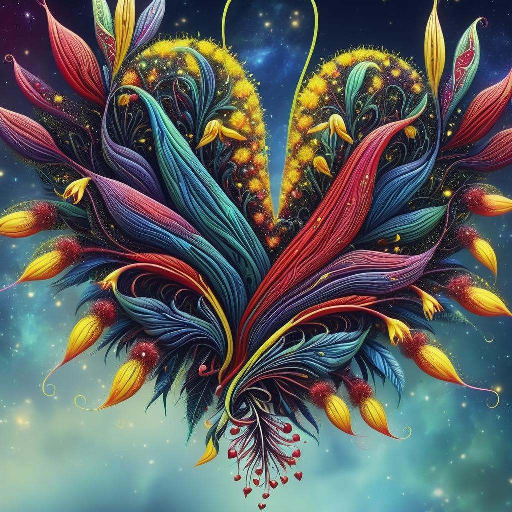 ((best quality)), ((masterpiece)), (hyper detailed),DonMF41ryW1ng5XL Lush Crimson Vining Heart-shaped plant,   Spotted Pedicel Cyme flower, Linear, Cadmium Yellow Chalazal Endosperm Seeds, Tangled,  Fibrous root , <lora:DonMF41ryW1ng5XL:1>