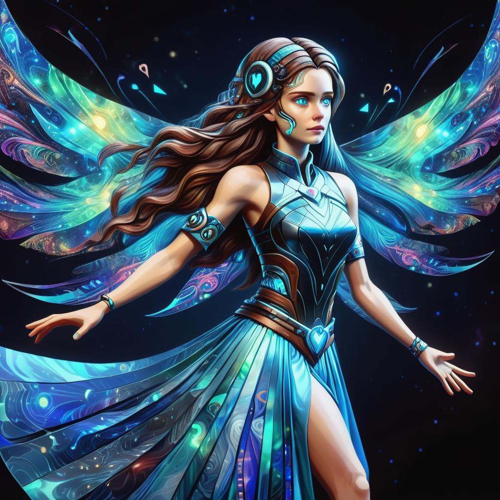 ((best quality)), ((masterpiece)), (hyper detailed),DonMF41ryW1ng5XL female Cybersecurity Expert, , Middle-aged, Firm, European, Light blue eyes,  Dorsal Hump Nose, Unusual Chin,    Heart face shape,   , Dark Chestnut Boho waves hair, Disapproval, Dynamic Reach, Character reaches out with one arm, as if reaching for something just out of grasp.,  wearing Voile  Tribal  IceBlue Holo-LED Skirt,  Augmented Reality Gaucho Pants, , , , Chanting ancient incantations, giving voice to powerful spells, <lora:DonMF41ryW1ng5XL:1>