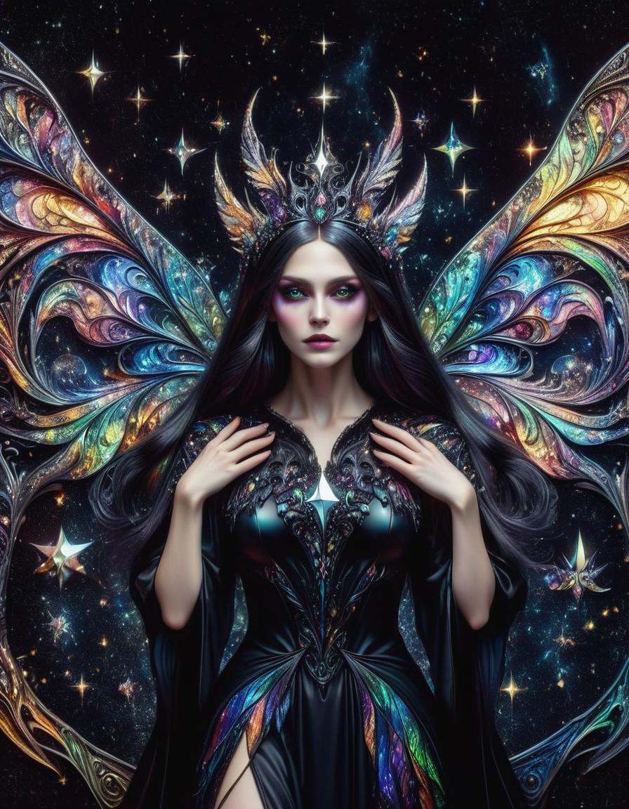 masterpiece, hyper detailed, DonMF41ryW1ng5XL, Mirror, Mirror on the Wall, Who's the Fairest of Them All?,  relfection of a beautiful sorceress in black garments, <lora:DonMF41ryW1ng5XL:1>