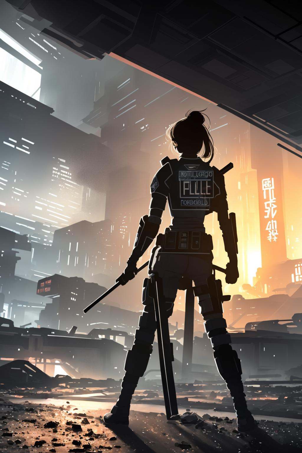1girl in futuristic police uniforms fighting against rioting womens in dystopian destroyed futuristic destroyed cyberpunk...