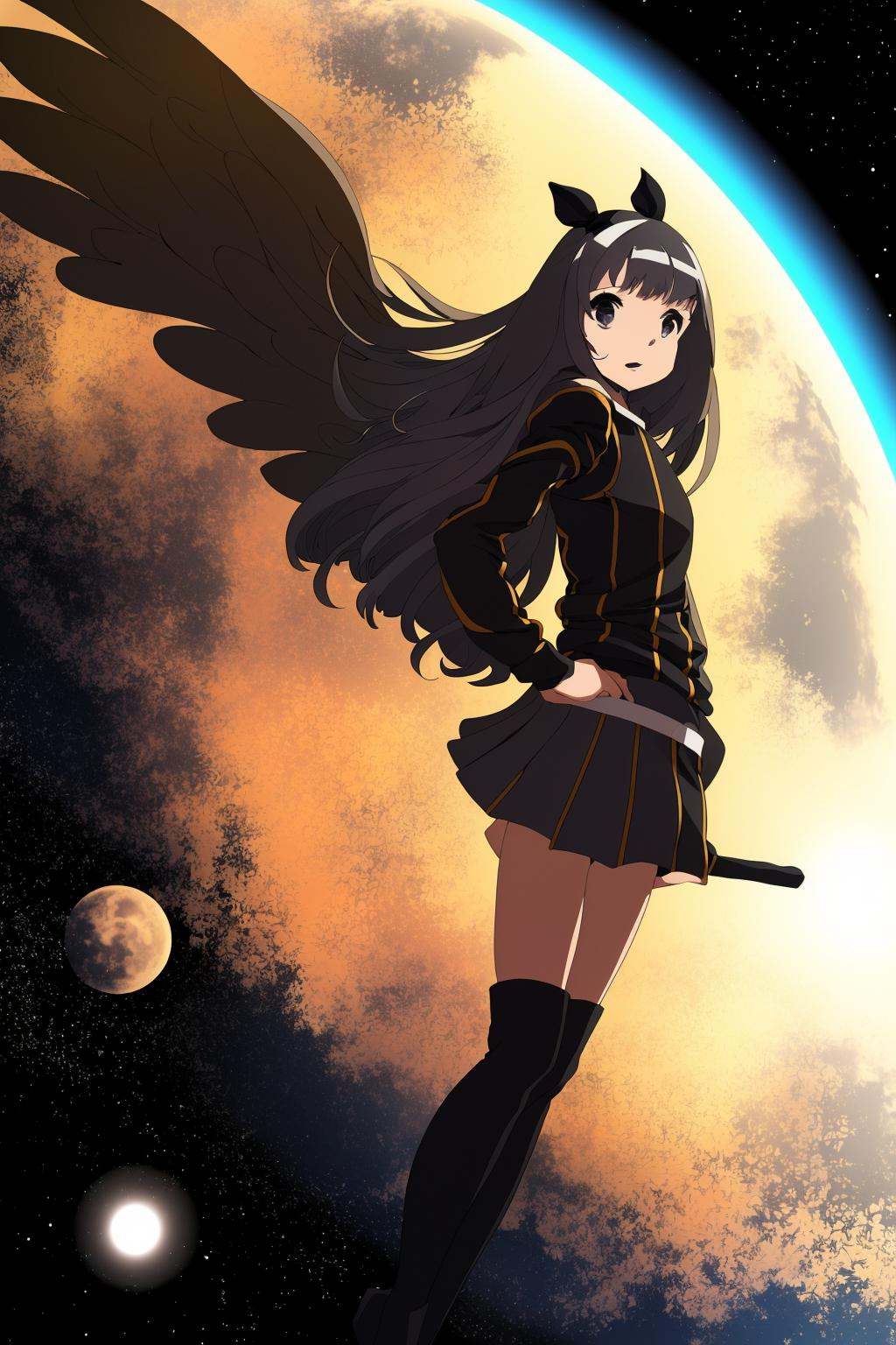 1girl in an anime pose a closeshot studio ghibli and alan escher of a giant black space shuttle,  cinematic pose,  in spac...