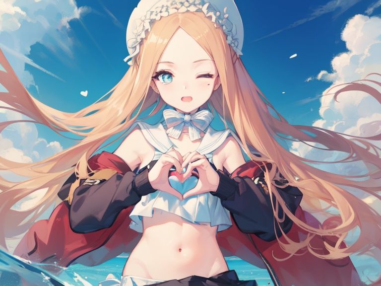 ,best quality, dynamic angle, floating, finely detail,1girl,(solo),((hollow out on chest)),collarbone,(heart hands:1.6),<lora:abigailWilliamsFateSwimsuit_v3:1>,abigailWilliams,Swimsuit,yellow hair, small breast, beautiful detailedredeyes,beautiful detailed sky, beautifuldetailed water, cinematic lighting,dramatic angle, sailor dress,wet clothes, sideboob, white shirt, long sleeves, hoodie, midriff, jacket, midriff, whitebloomers, frillgs, long hair,shiny hair,((one eye closed)),