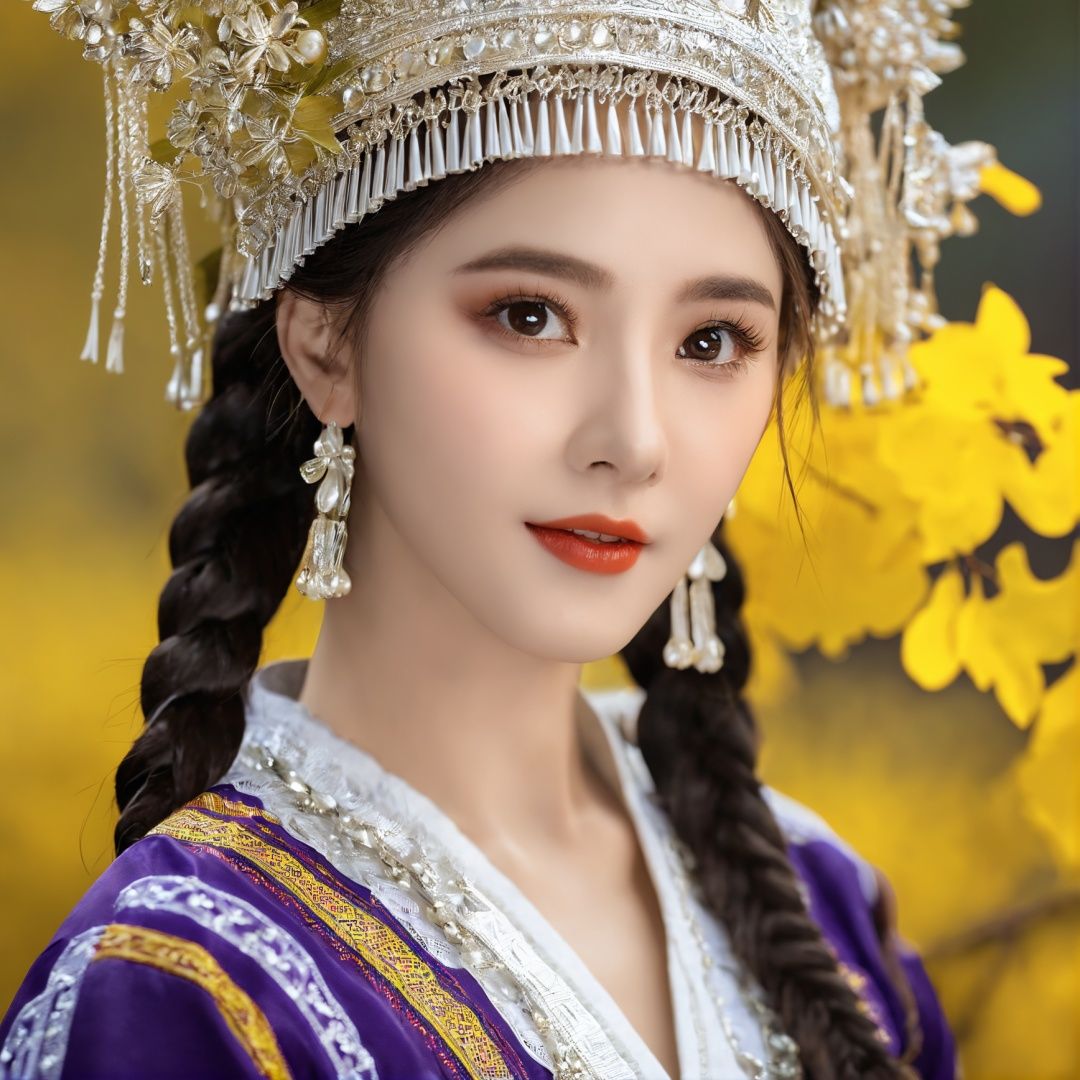 HDR,UHD,8K, best quality, masterpiece, absurdres,extremely detailed,miaoyuansu, miao5, 1girl, solo, looking at viewer, braid, black hair, hat, upper body, realistic, long hair, twin braids, leaf, hair ornament, ginkgo leaf, yellow background, blurry, flower, makeup, holding, long sleeves, blurry background, multiple braids, traditional clothes, butterfly, yellow theme, hair flower, jewelry, signature, bug, floral print, watermark, dress, white headwear, depth of field,<lora:miaoyuansuSDXL-000009:0.7>