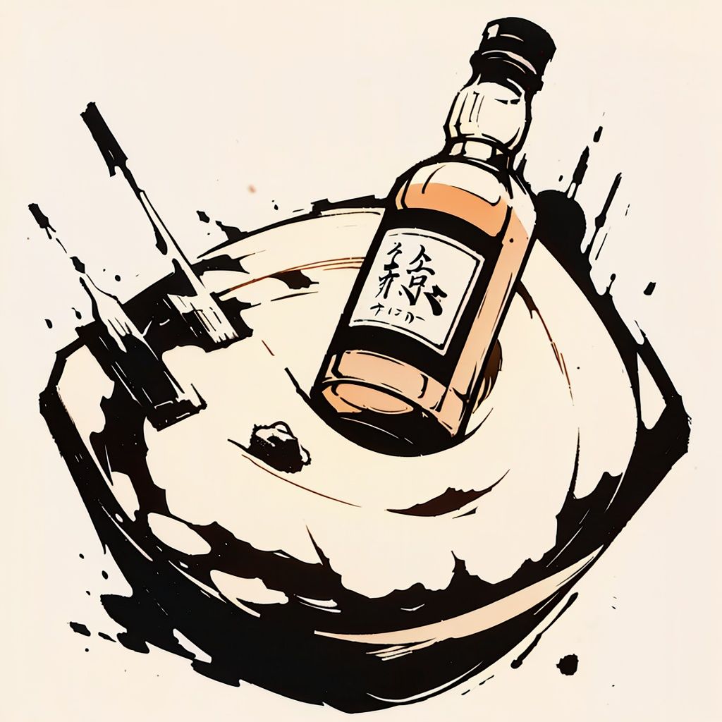 (Laojun:0.8),simple lines,print,black and white woodcut,logo,whisky,,wine bottle label,illustration,(((ukiyoe))),((sketch)),((japanese_art)),