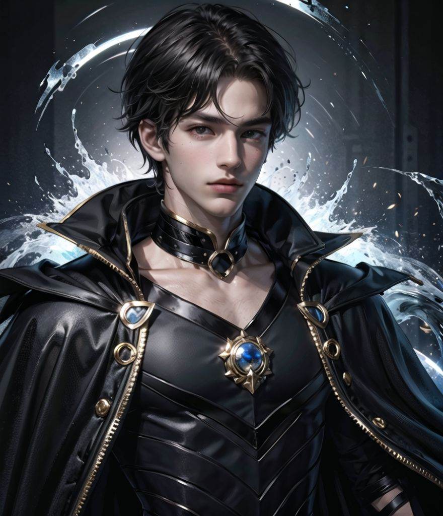 1 boy + detailed face + black cape + handsome + cool, masterpiece, best quality