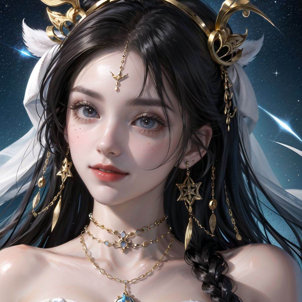 Face close-up +1 girl + gold braided crown hair + ultra detailed deep pupils + smile + starry sky, masterpiece, best quality