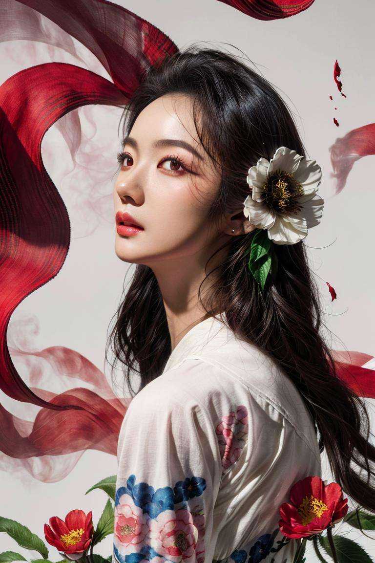 1girl, flower, solo, Hanfu,long hair, realistic, hair ornament, hair flower, black hair, lips, nose, upper body, parted lips, Red smoke <lora:shanshui-000006:0.7>
