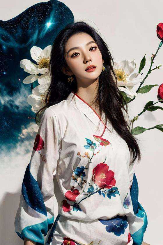 1girl, solo, black hair, flower, Hanfu ，star <lora:shanshui-000006:0.7>