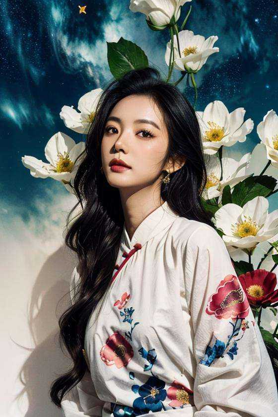 1girl, solo, black hair, flower, Hanfu ，star <lora:shanshui-000006:0.7>
