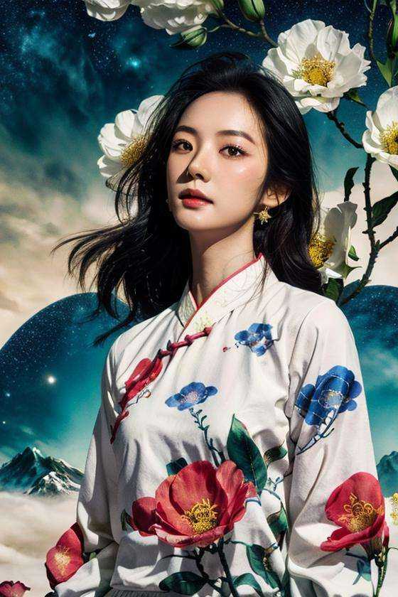 1girl, solo, black hair, flower, Hanfu ，star <lora:shanshui-000006:0.7>mountain