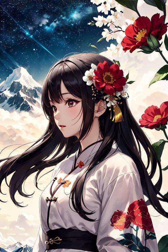 1girl, solo, black hair, flower, Hanfu ，star <lora:shanshui-000006:0.7>mountain