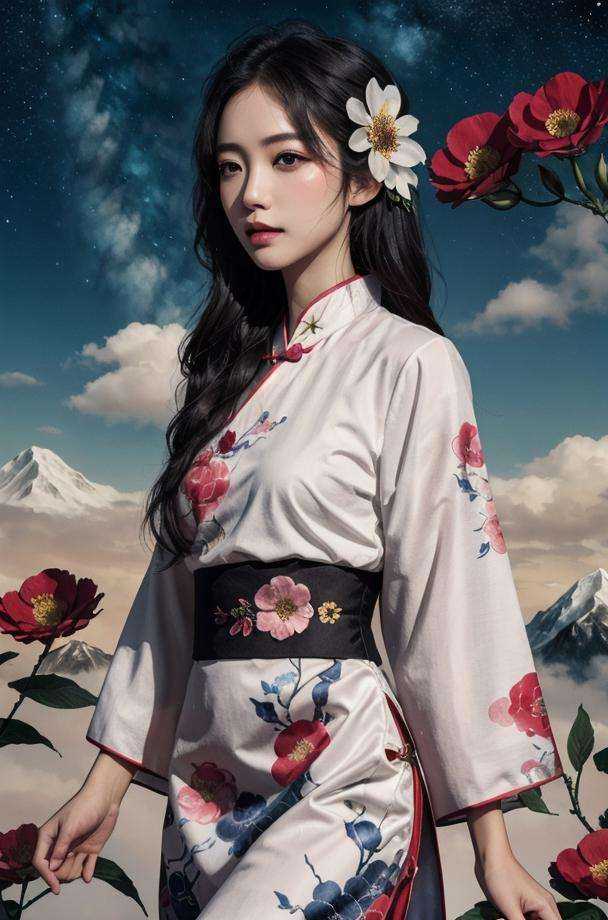 1girl, solo, black hair, flower, Hanfu ，star <lora:shanshui-000006:0.7>mountain
