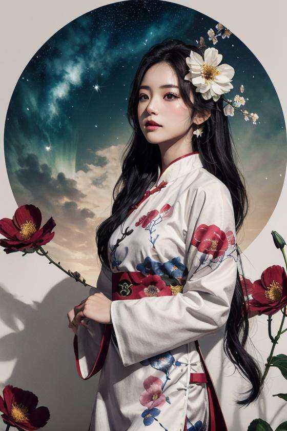 1girl, solo, black hair, flower, Hanfu ，star <lora:shanshui-000006:0.7>