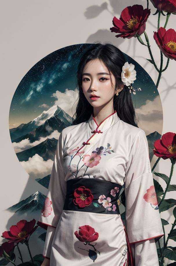 1girl, solo, black hair, flower, Hanfu ，star <lora:shanshui-000006:0.7>mountain