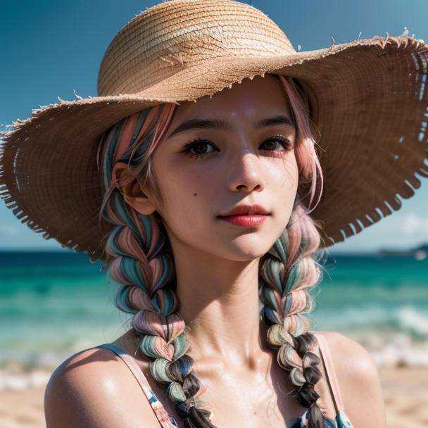 <lora:caomao:0.8>1girl, solo, hat, braid, blurry background, outdoors, looking at viewer, straw hat, blurry, portrait, twin braids, day, beach, realistic, pink hair, floral print, multicolored hair, brown eyes, sky, sun hat, lips, depth of field, ocean