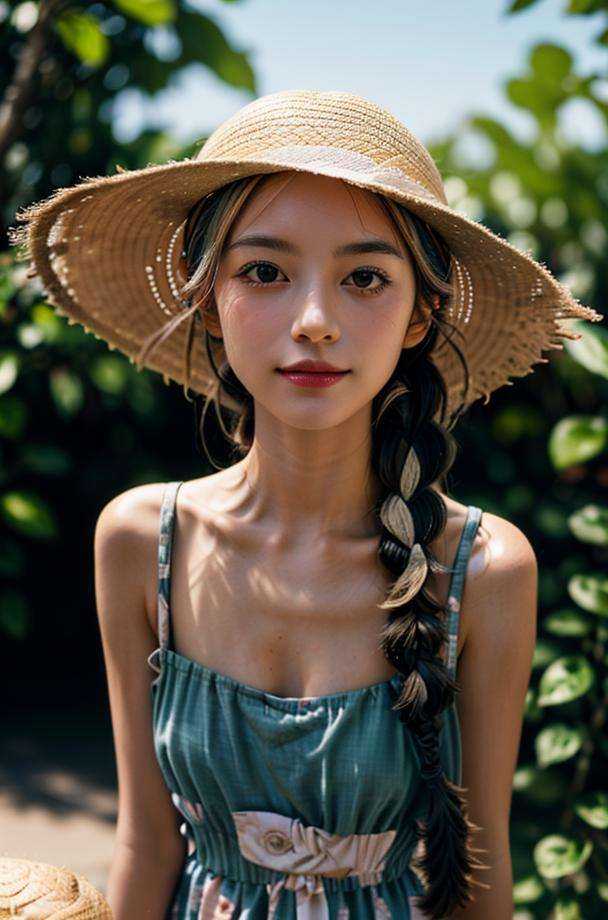 <lora:caomao:0.8>1girl, solo, hat, braid, blurry background, outdoors, looking at viewer, straw hat, 